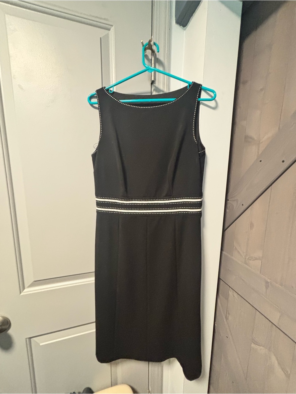 White House Black Market Black Sleeveless Midi Sheath Dress with White Stitching
